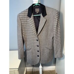 New York Style Womens Wool Blend Houndstooth Blazer Velvet Collar Blue Black M